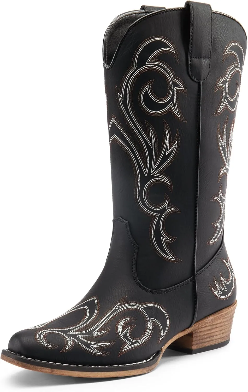 DREAM PAIRS Women's Cowboy Boots Mid Calf Cowgirl Boots Square Toe Chunky Heel Embroidery Stitched Western Boots