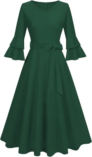 Dresses for Wedding Guest,Elegant Spring Dresses Puff Sleeve Tie Waist Pleated Midi Dress for Going Out Vacation