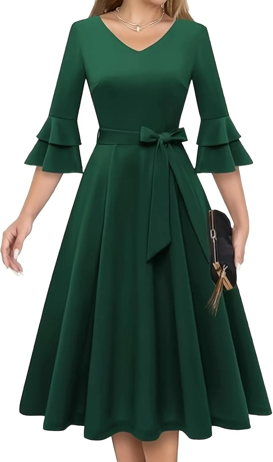 Dresses for Wedding Guest,Elegant Spring Dresses Puff Sleeve Tie Waist Pleated Midi Dress for Going Out Vacation