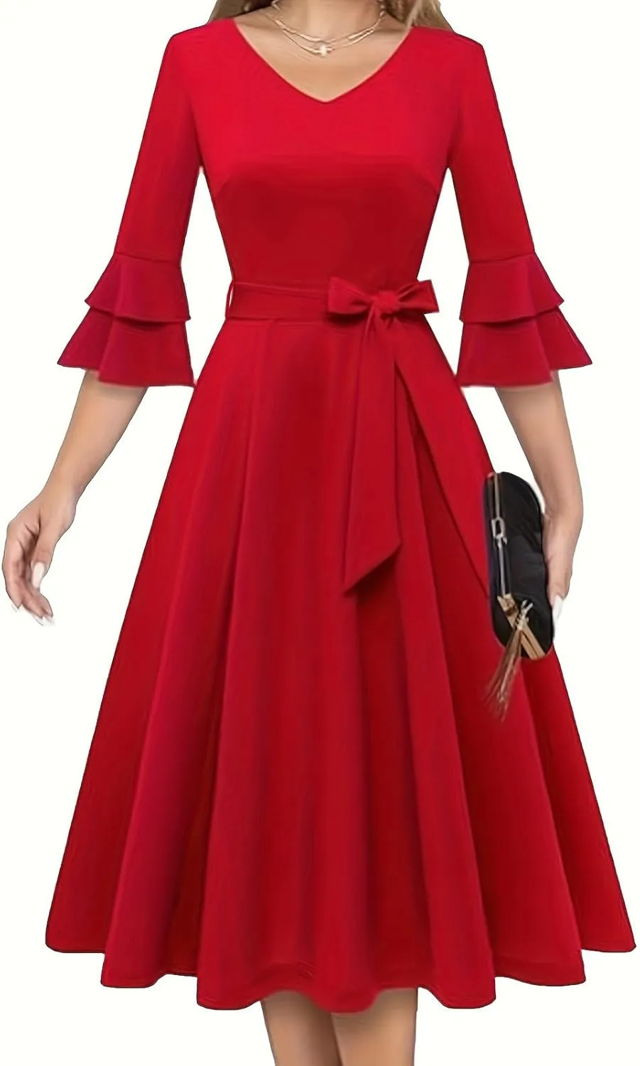 Dresses for Wedding Guest,Elegant Spring Dresses Puff Sleeve Tie Waist Pleated Midi Dress for Going Out Vacation