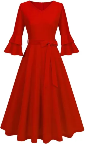 Dresses for Wedding Guest,Elegant Spring Dresses Puff Sleeve Tie Waist Pleated Midi Dress for Going Out Vacation