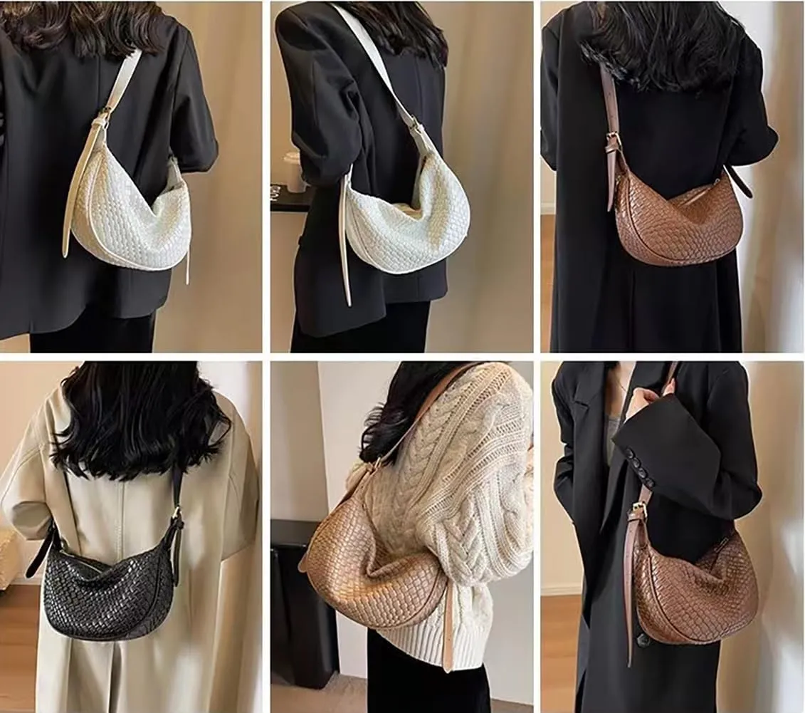 Dreubea Vintage Woven Handbag PU Leather Crescent Shoulder Crossbody Hobo Bag for Women Ladies