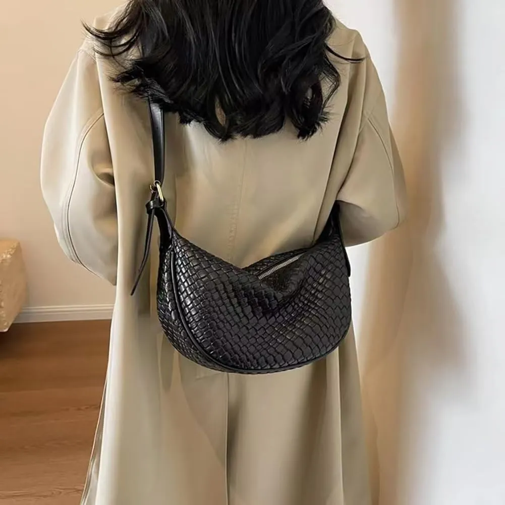 Dreubea Vintage Woven Handbag PU Leather Crescent Shoulder Crossbody Hobo Bag for Women Ladies