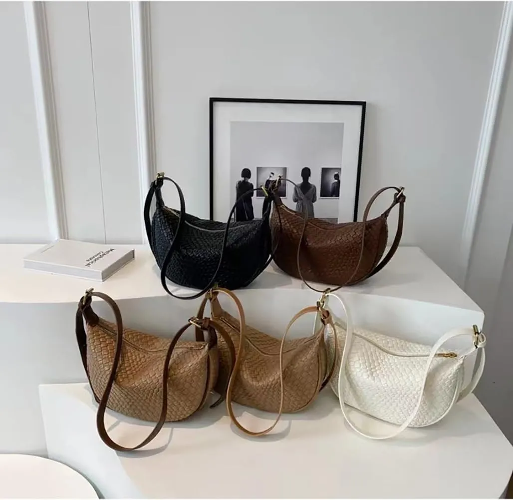 Dreubea Vintage Woven Handbag PU Leather Crescent Shoulder Crossbody Hobo Bag for Women Ladies
