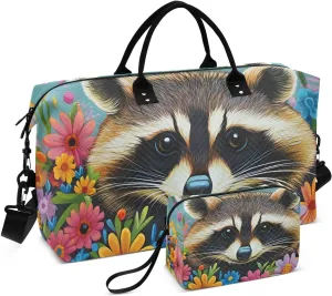 Duffel Bag for Traveling, Cute Raccoon Colorful Florals Travel Bag Gym Bag, with Multiple Interior Pockets Shoulder Weekender Bag for Women Men with Toiletry Bag 20.5L x 1.9W x 13.8H