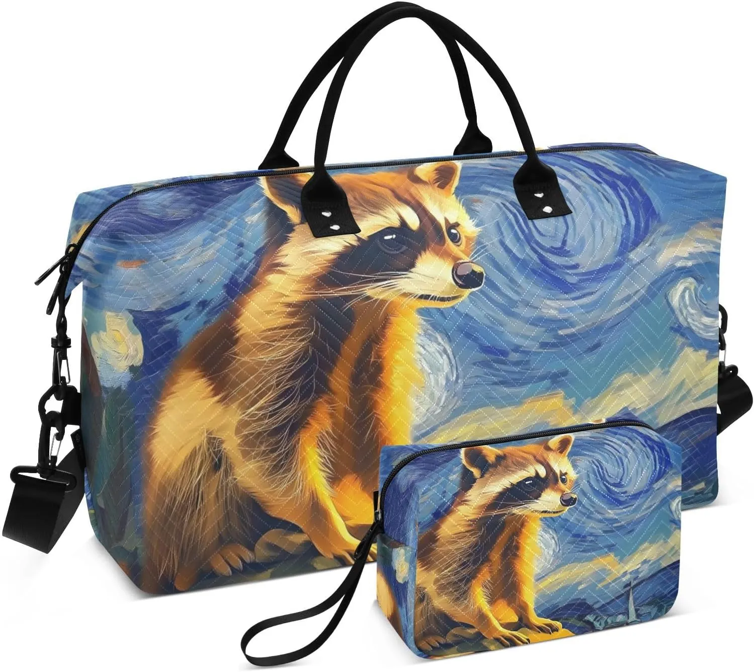Duffel Bag for Traveling, Cute Raccoon Starry Night Travel Bag Gym Bag, with Multiple Interior Pockets Shoulder Weekender Bag for Women Men with Toiletry Bag 20.5L x 1.9W x 13.8H