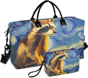 Duffel Bag for Traveling, Cute Raccoon Starry Night Travel Bag Gym Bag, with Multiple Interior Pockets Shoulder Weekender Bag for Women Men with Toiletry Bag 20.5L x 1.9W x 13.8H