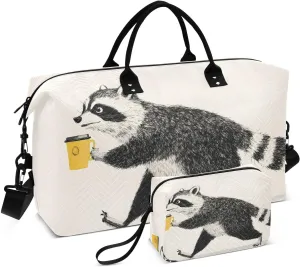 Duffel Bag for Traveling, Funny Raccoon Coffee Travel Bag Gym Bag, with Multiple Interior Pockets Shoulder Weekender Bag for Women Men with Toiletry Bag 20.5L x 1.9W x 13.8H