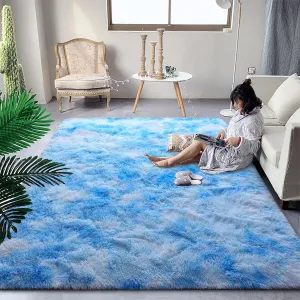 DweIke Fluffy Modern Area Rugs for Living Room Bedroom, 3x5 ft Plush High Pile Blue Rug for Kids Girls Room Nursery Home Decor, Upgrade Non-Slip Girls Bedroom Soft Indoor Rug, Tie-Dyed Blue