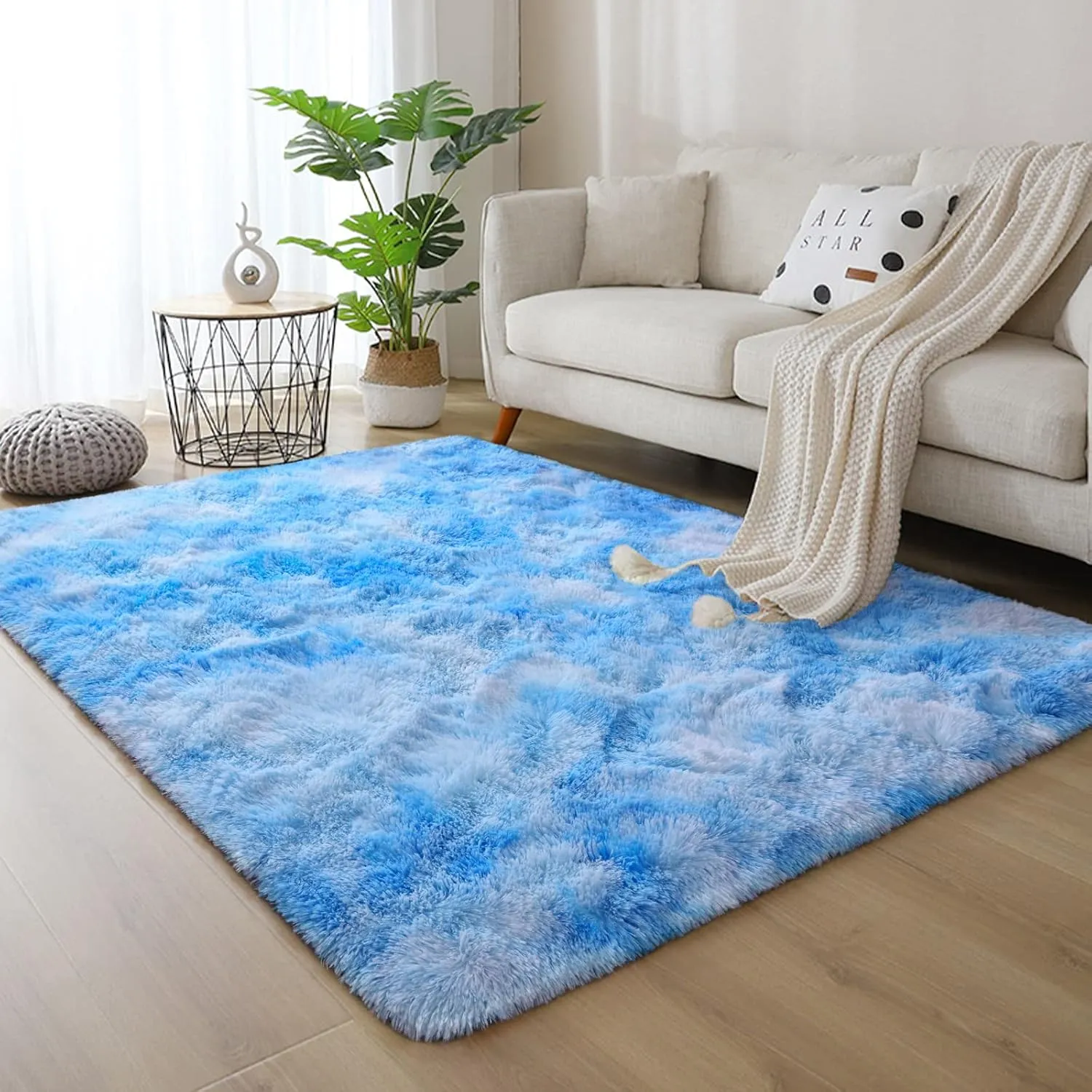 DweIke Fluffy Modern Area Rugs for Living Room Bedroom, 3x5 ft Plush High Pile Blue Rug for Kids Girls Room Nursery Home Decor, Upgrade Non-Slip Girls Bedroom Soft Indoor Rug, Tie-Dyed Blue