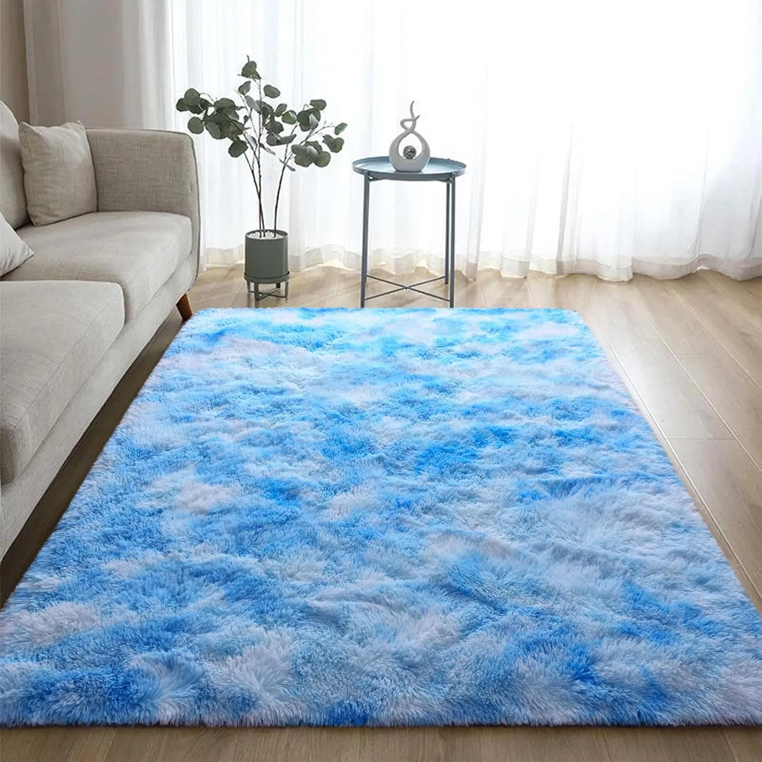 DweIke Fluffy Modern Area Rugs for Living Room Bedroom, 3x5 ft Plush High Pile Blue Rug for Kids Girls Room Nursery Home Decor, Upgrade Non-Slip Girls Bedroom Soft Indoor Rug, Tie-Dyed Blue