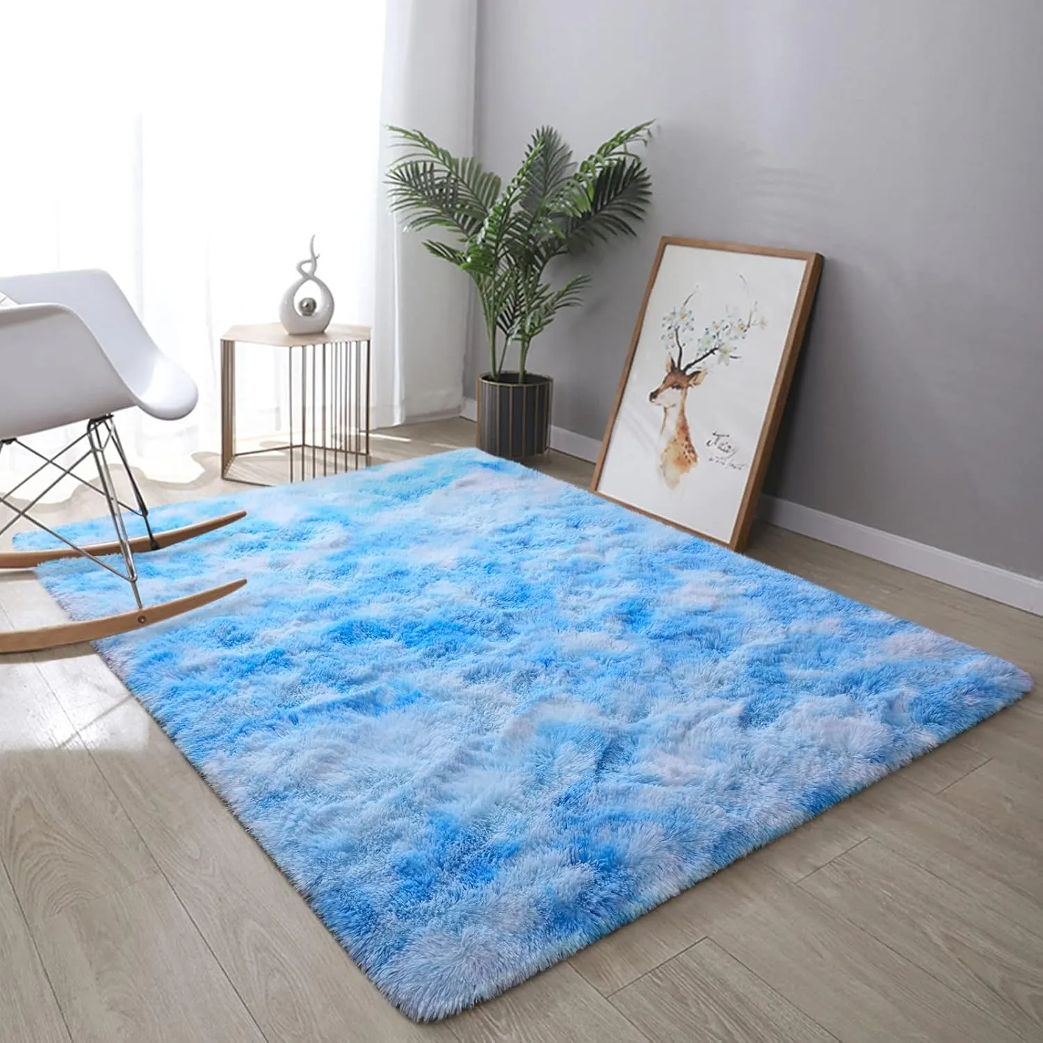 DweIke Fluffy Modern Area Rugs for Living Room Bedroom, 3x5 ft Plush High Pile Blue Rug for Kids Girls Room Nursery Home Decor, Upgrade Non-Slip Girls Bedroom Soft Indoor Rug, Tie-Dyed Blue