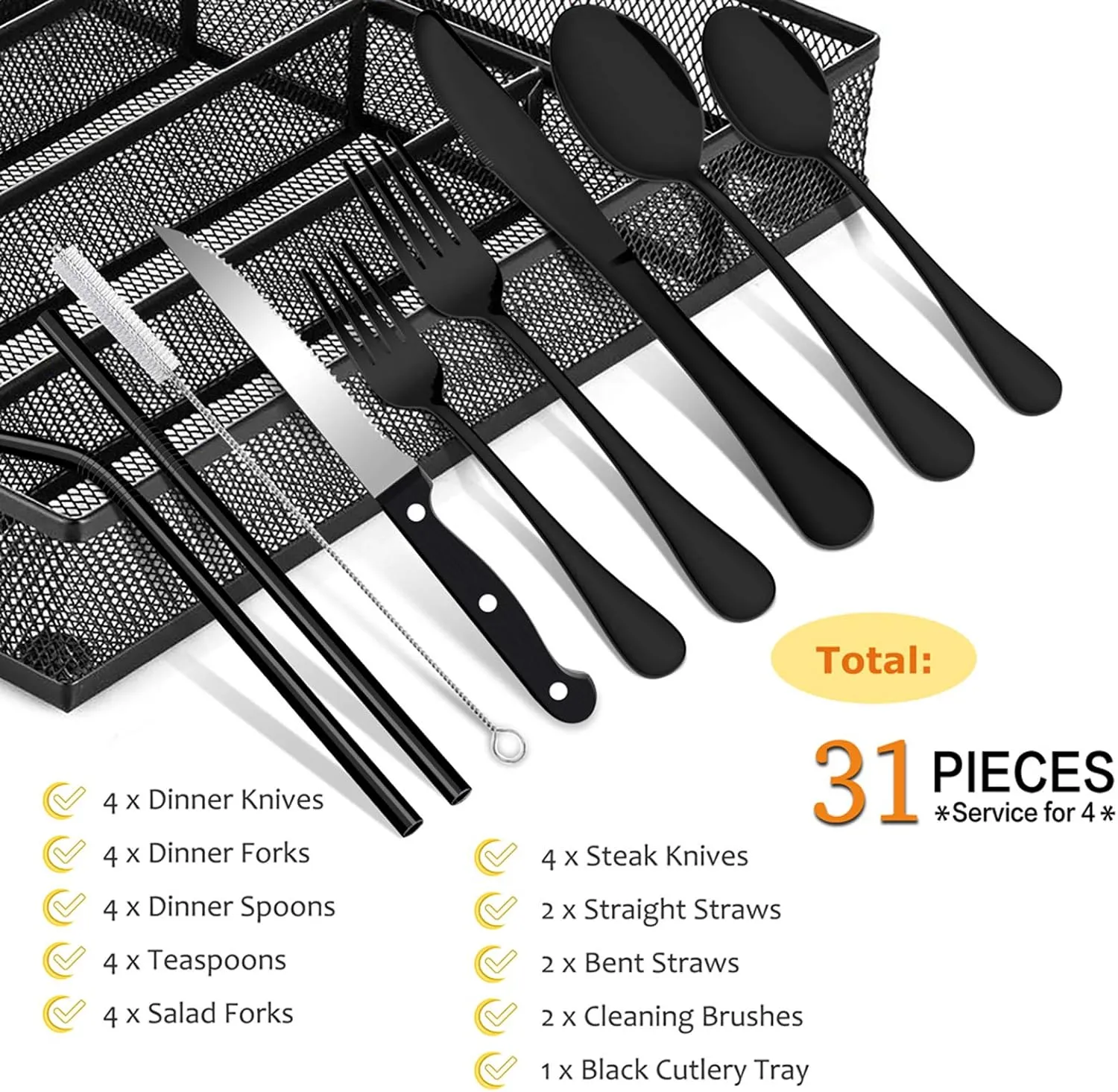 E-far 31-Piece Silverware Set, Stainless Steel Flatware Cutlery Set Service for 4 with Utensil Organizer, Include Forks/Spoons/Knives/Steak Knives/Straws, Mirror Polish & Dishwasher Safe (Black)