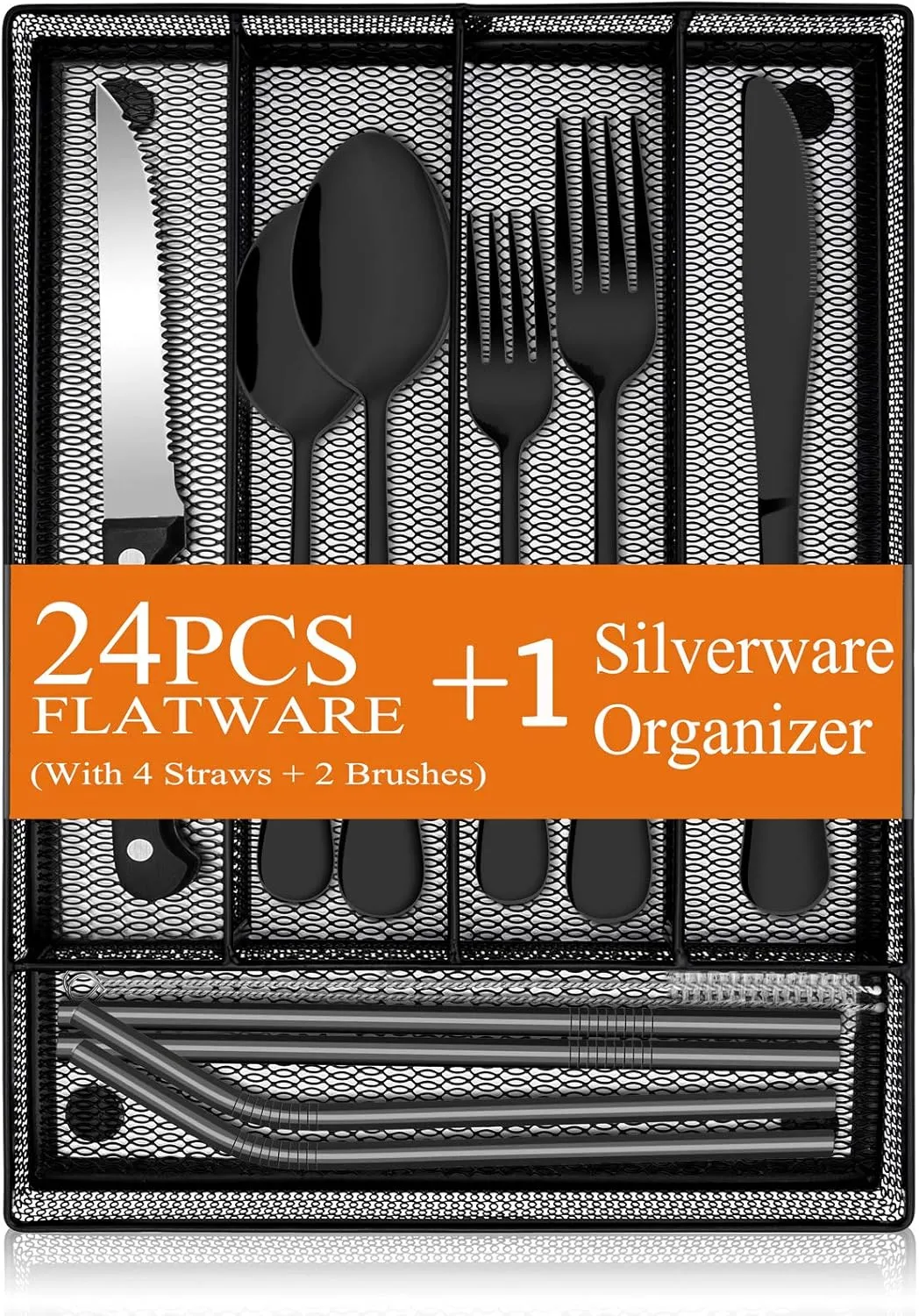 E-far 31-Piece Silverware Set, Stainless Steel Flatware Cutlery Set Service for 4 with Utensil Organizer, Include Forks/Spoons/Knives/Steak Knives/Straws, Mirror Polish & Dishwasher Safe (Black)