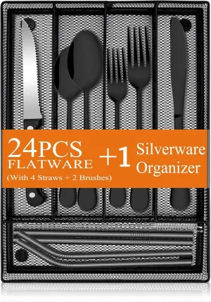 E-far 31-Piece Silverware Set, Stainless Steel Flatware Cutlery Set Service for 4 with Utensil Organizer, Include Forks/Spoons/Knives/Steak Knives/Straws, Mirror Polish & Dishwasher Safe (Black)