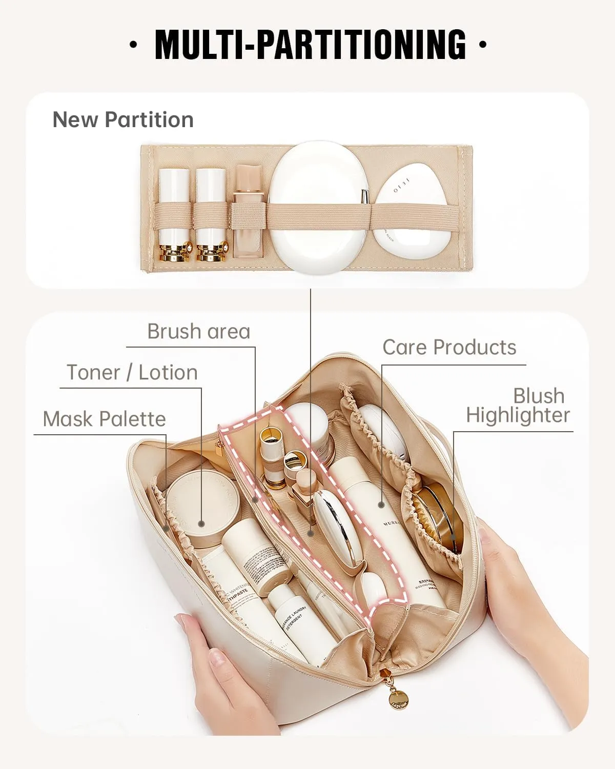 EACHY Travel Makeup Bag,Large Capacity Cosmetic Bags for Women,Waterproof Portable Pouch Open Flat Toiletry Bag Make up Organizer with Divider and Handle
