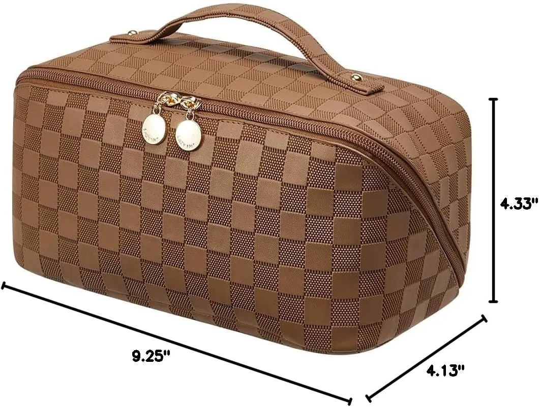 EACHY Travel Makeup Bag,Large Capacity Cosmetic Bags for Women,Waterproof Portable Pouch Open Flat Toiletry Bag Make up Organizer with Divider and Handle