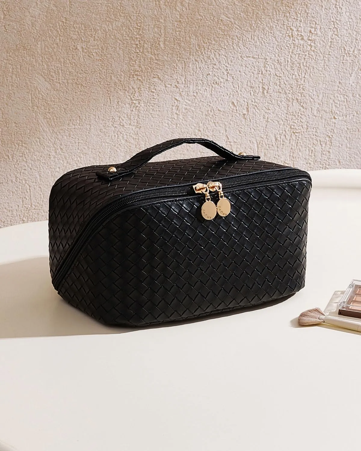 EACHY Travel Makeup Bag,Large Capacity Cosmetic Bags for Women,Waterproof Portable Pouch Open Flat Toiletry Bag Make up Organizer with Divider and Handle