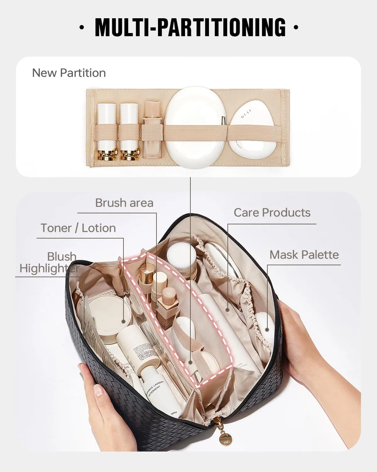 EACHY Travel Makeup Bag,Large Capacity Cosmetic Bags for Women,Waterproof Portable Pouch Open Flat Toiletry Bag Make up Organizer with Divider and Handle