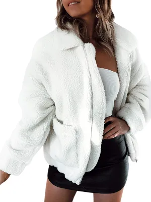 ECOWISH Women Jacket Winter Coat - 2024 Fur Fleece Long Sleeve Sherpa Faux Fuzzy Fall Teddy Fluffy Zip Lapel Outfits