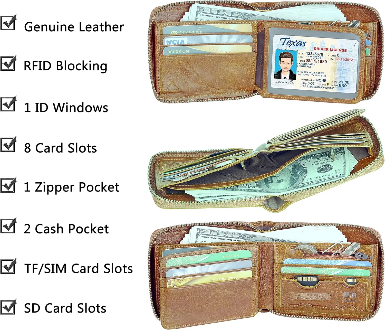 EE Men's Leather Zipper Wallet RFID Blocking Zip Around Wallet Bifold Multi Card Holder Purse Brown3