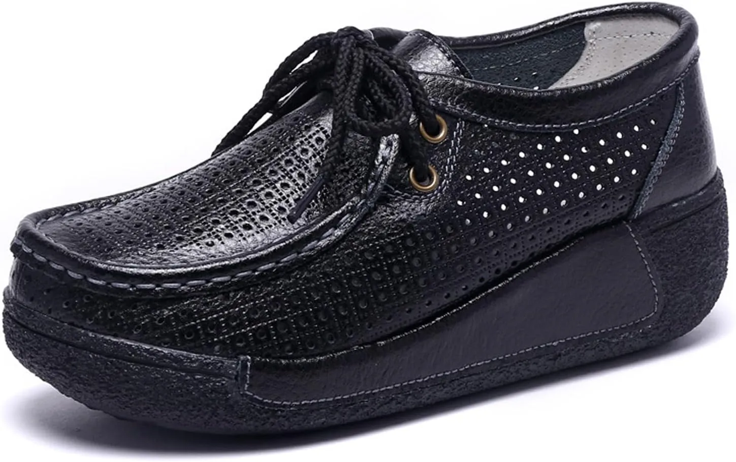EFTCAL Women's Leather Lace Up Platform Sneakers Comfortable Round Toe Wedge Loafers Breathable Non-Slip Nurse Work Shoes with Arch Support,Rocker Shoes for Women