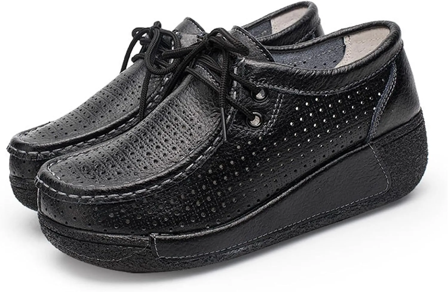 EFTCAL Women's Leather Lace Up Platform Sneakers Comfortable Round Toe Wedge Loafers Breathable Non-Slip Nurse Work Shoes with Arch Support,Rocker Shoes for Women