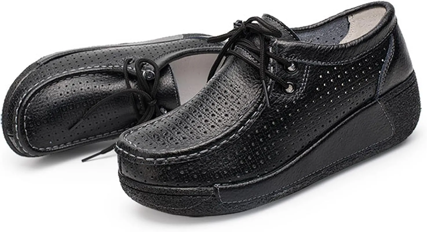 EFTCAL Women's Leather Lace Up Platform Sneakers Comfortable Round Toe Wedge Loafers Breathable Non-Slip Nurse Work Shoes with Arch Support,Rocker Shoes for Women