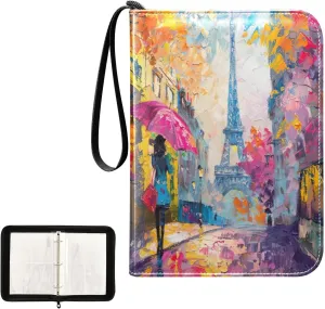 Eiffel Tower Oil Painting Card Binder Small, 3 Ring Binder Zipper Card with Sleeves Collectible Trading Card Albums