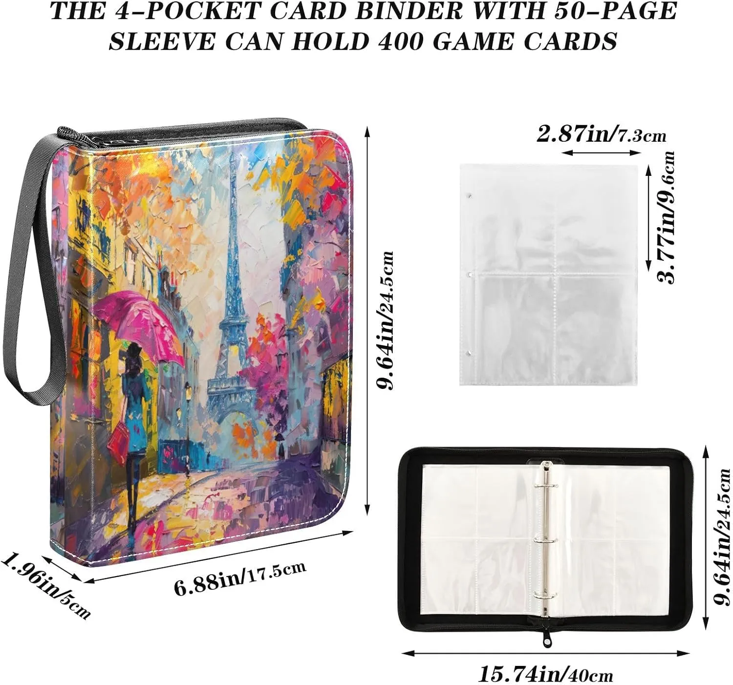 Eiffel Tower Oil Painting Card Binder Small, 3 Ring Binder Zipper Card with Sleeves Collectible Trading Card Albums