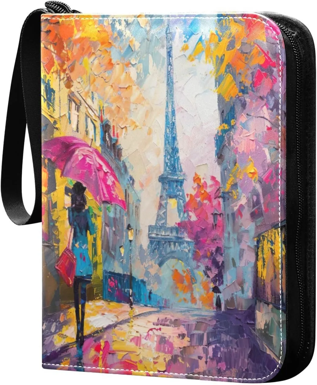 Eiffel Tower Oil Painting Card Binder Small, 3 Ring Binder Zipper Card with Sleeves Collectible Trading Card Albums