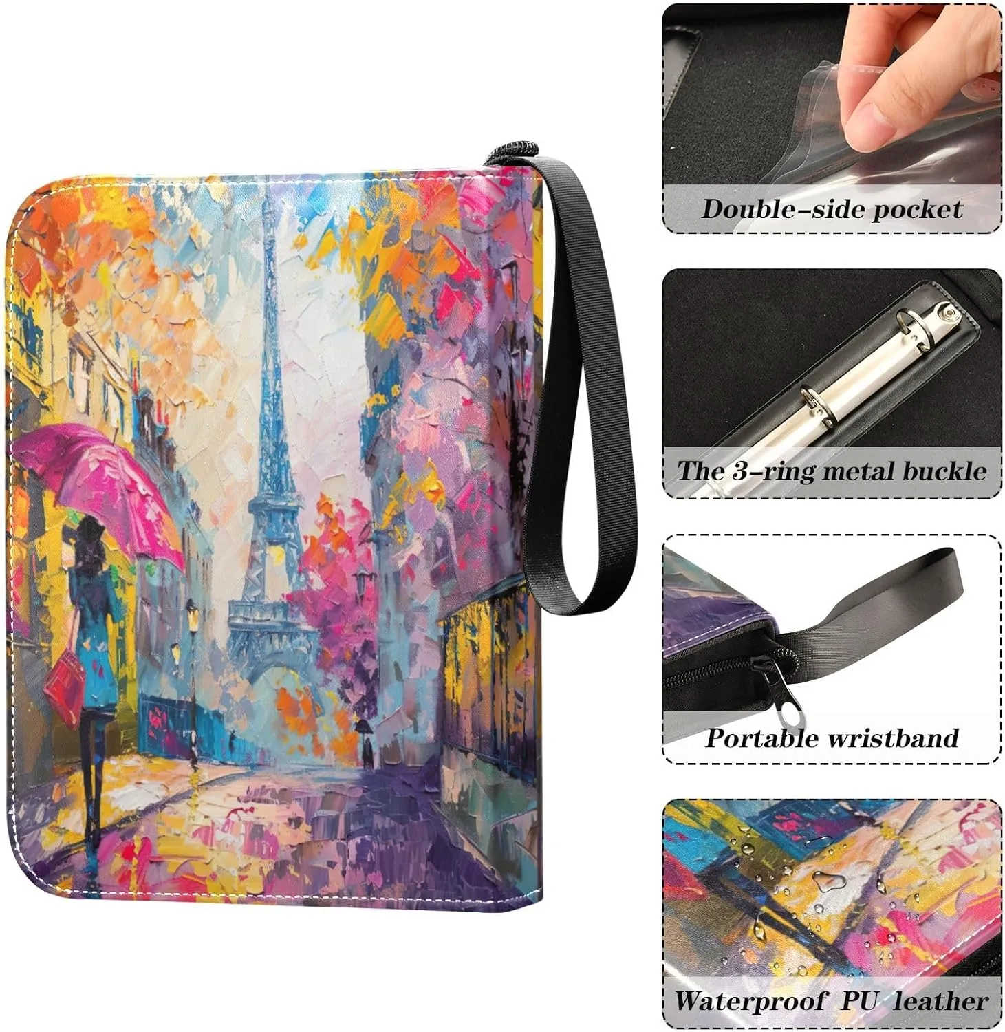 Eiffel Tower Oil Painting Card Binder Small, 3 Ring Binder Zipper Card with Sleeves Collectible Trading Card Albums