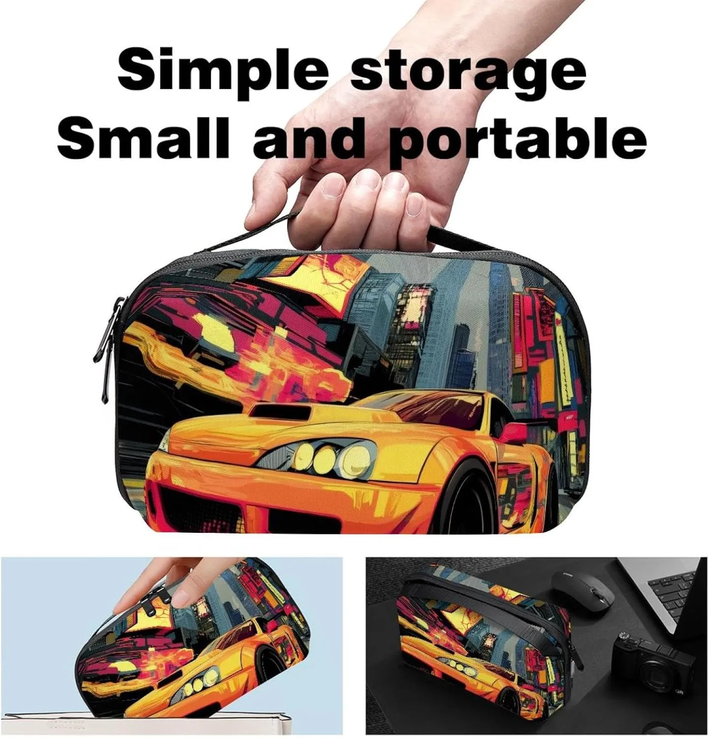 Electronics Organizer, Race Car Urban Street Small Travel Cable Organizer Carrying Bag, Compact Tech Case Bag for Electronic Accessories, Cords, Charger, USB, Hard Drives