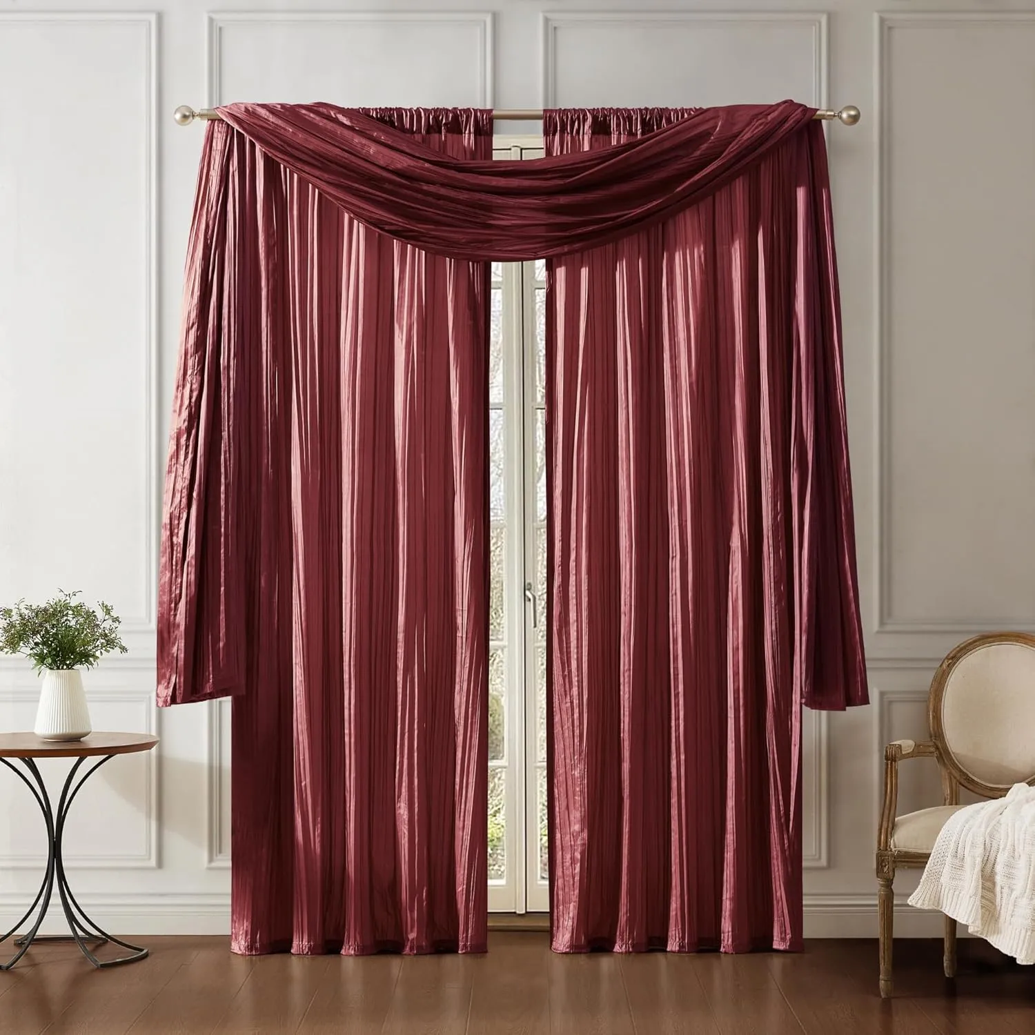 Elrene Home Fashions Athena Faux Crushed-Silk Window Curtain Panel and Valance Set, 52"x84" (2 Panels) & 1 Valance, Red