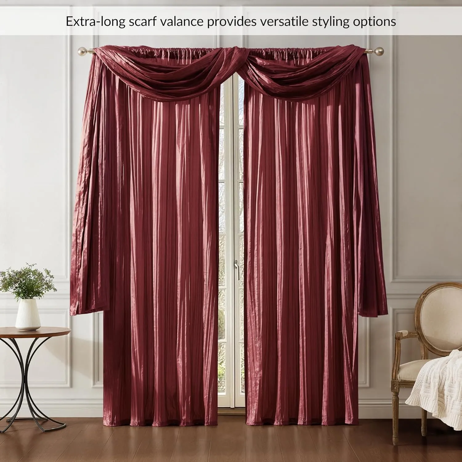 Elrene Home Fashions Athena Faux Crushed-Silk Window Curtain Panel and Valance Set, 52"x84" (2 Panels) & 1 Valance, Red
