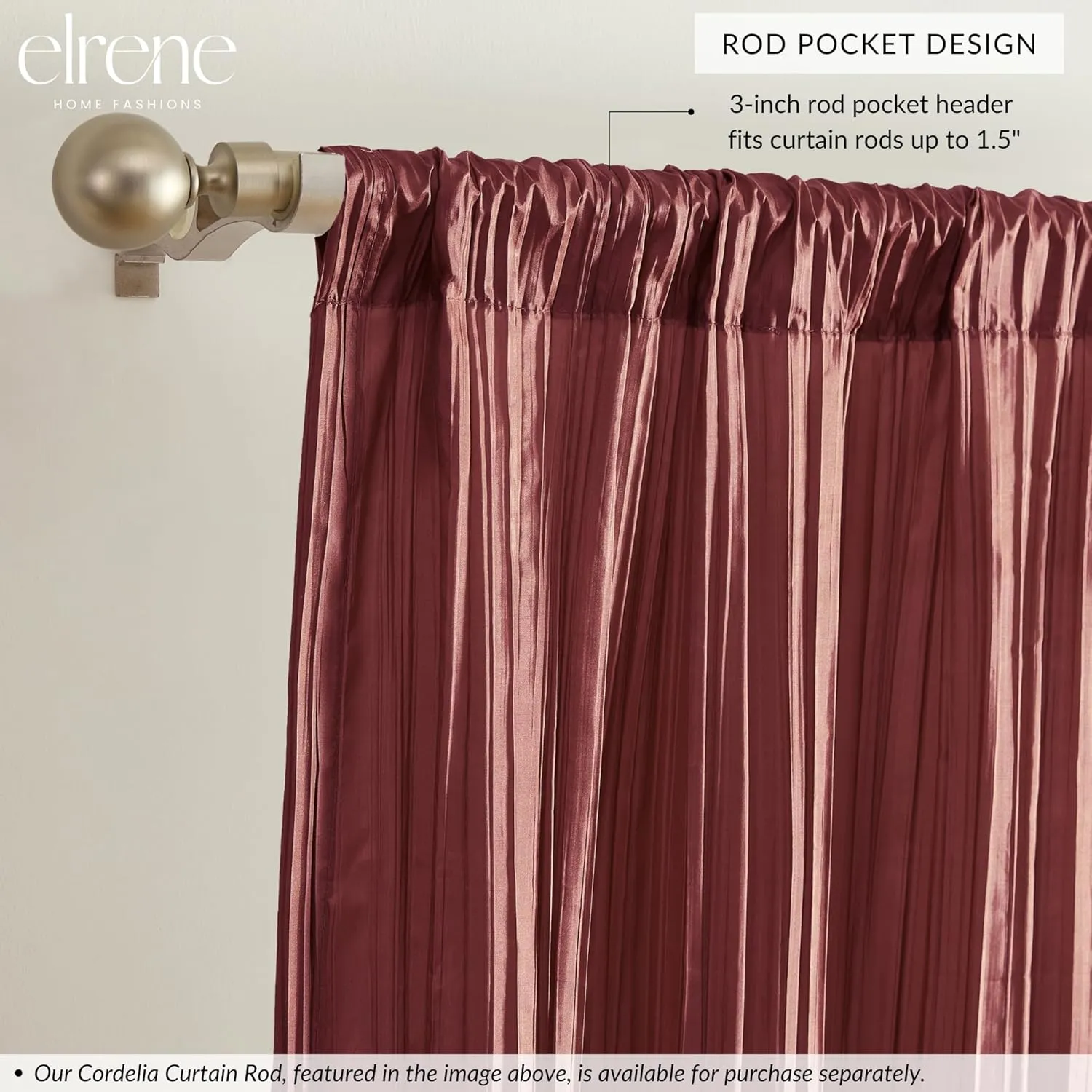 Elrene Home Fashions Athena Faux Crushed-Silk Window Curtain Panel and Valance Set, 52"x84" (2 Panels) & 1 Valance, Red
