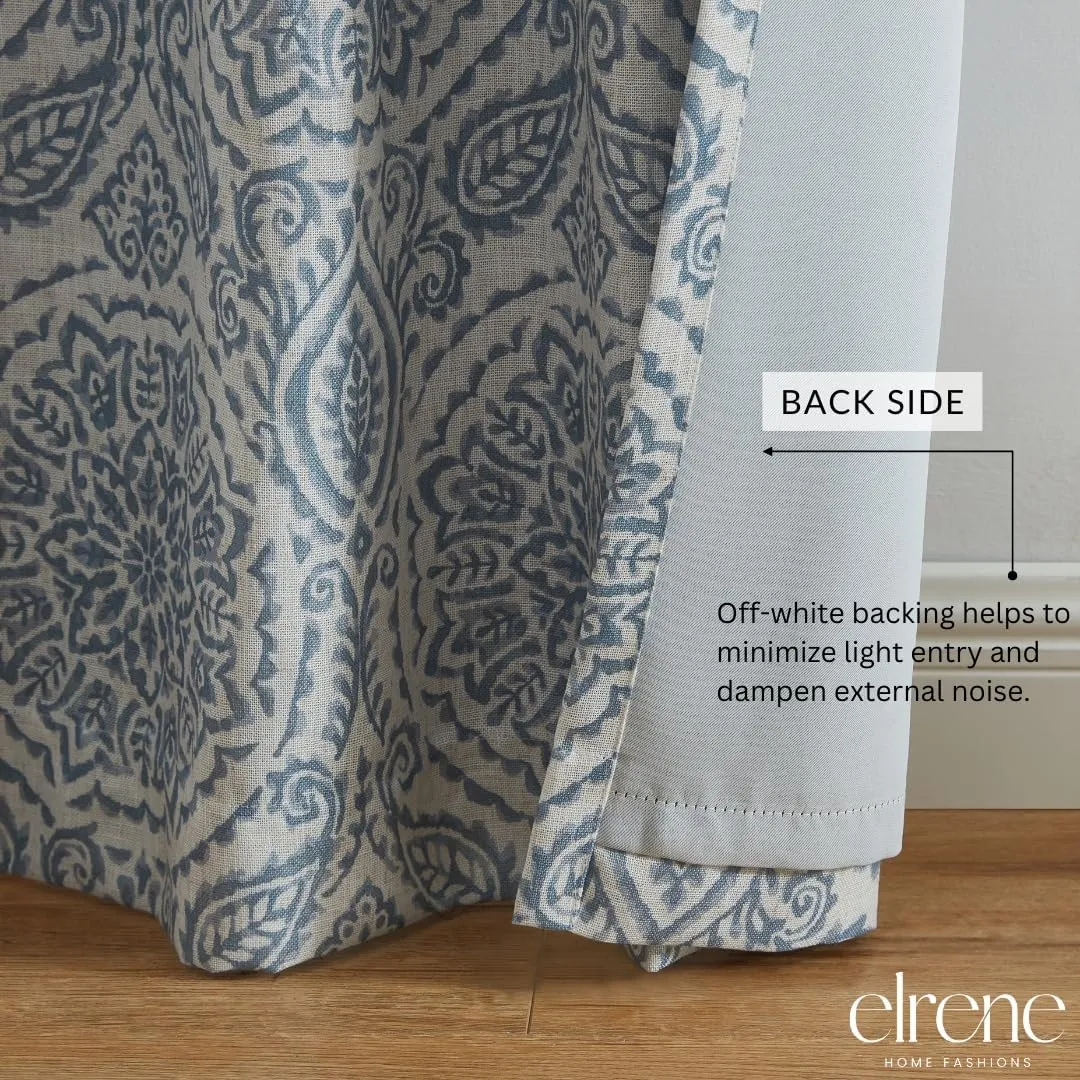 Elrene Home Fashions Giovanni Medallion Block Print Linen Blend Blackout Lined Window Curtain Panel, 52"x84", Blue
