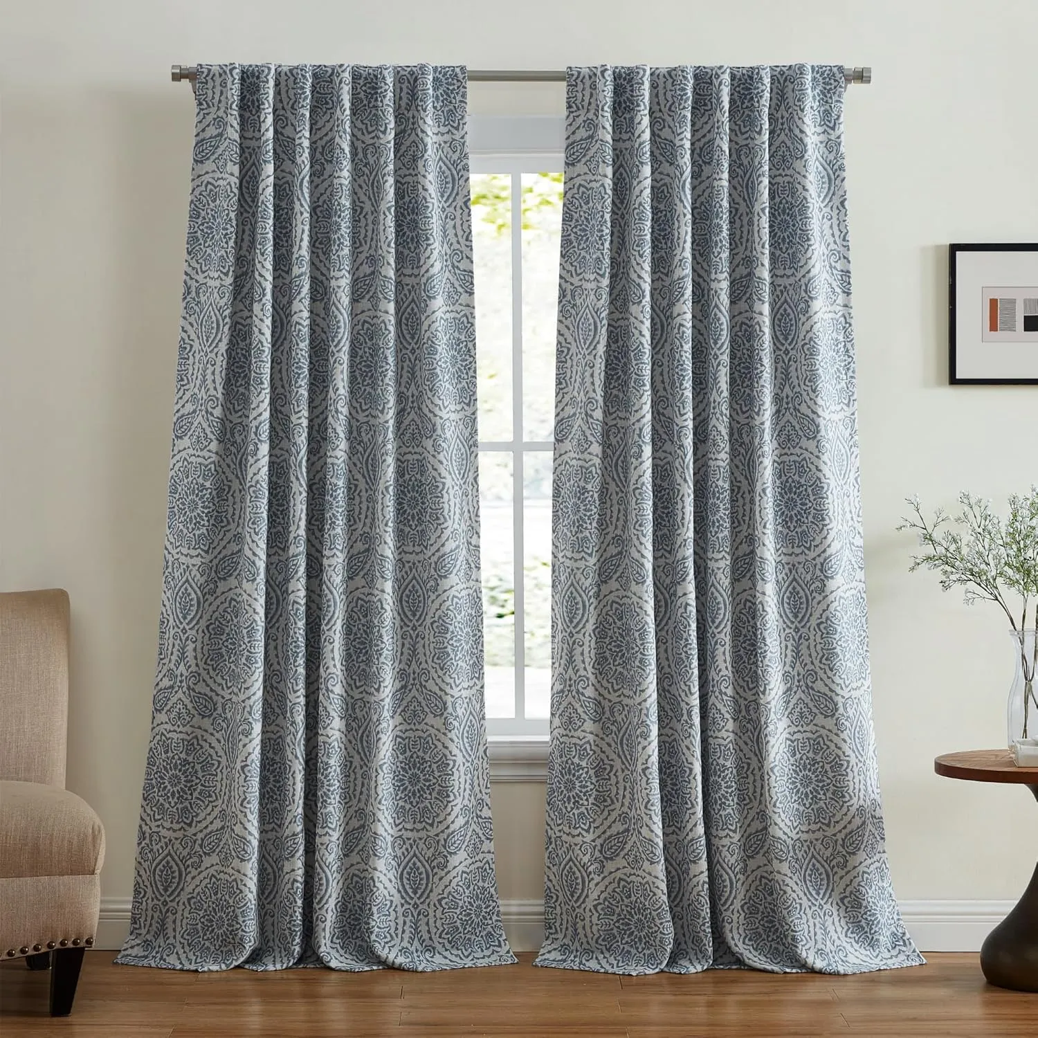 Elrene Home Fashions Giovanni Medallion Block Print Linen Blend Blackout Lined Window Curtain Panel, 52"x84", Blue