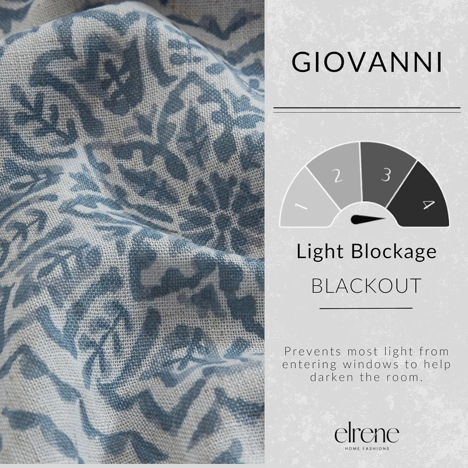 Elrene Home Fashions Giovanni Medallion Block Print Linen Blend Blackout Lined Window Curtain Panel, 52"x84", Blue