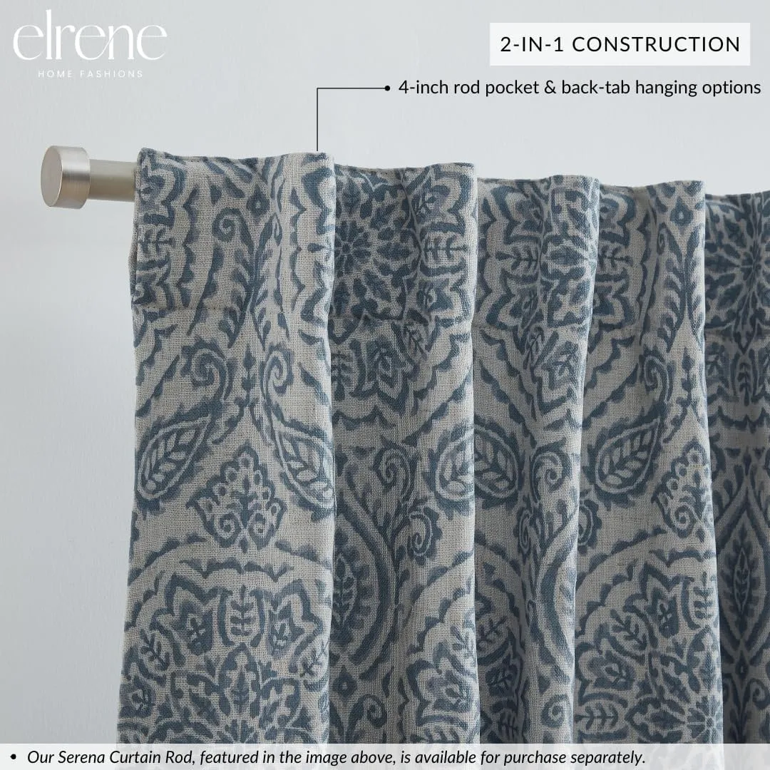 Elrene Home Fashions Giovanni Medallion Block Print Linen Blend Blackout Lined Window Curtain Panel, 52"x84", Blue