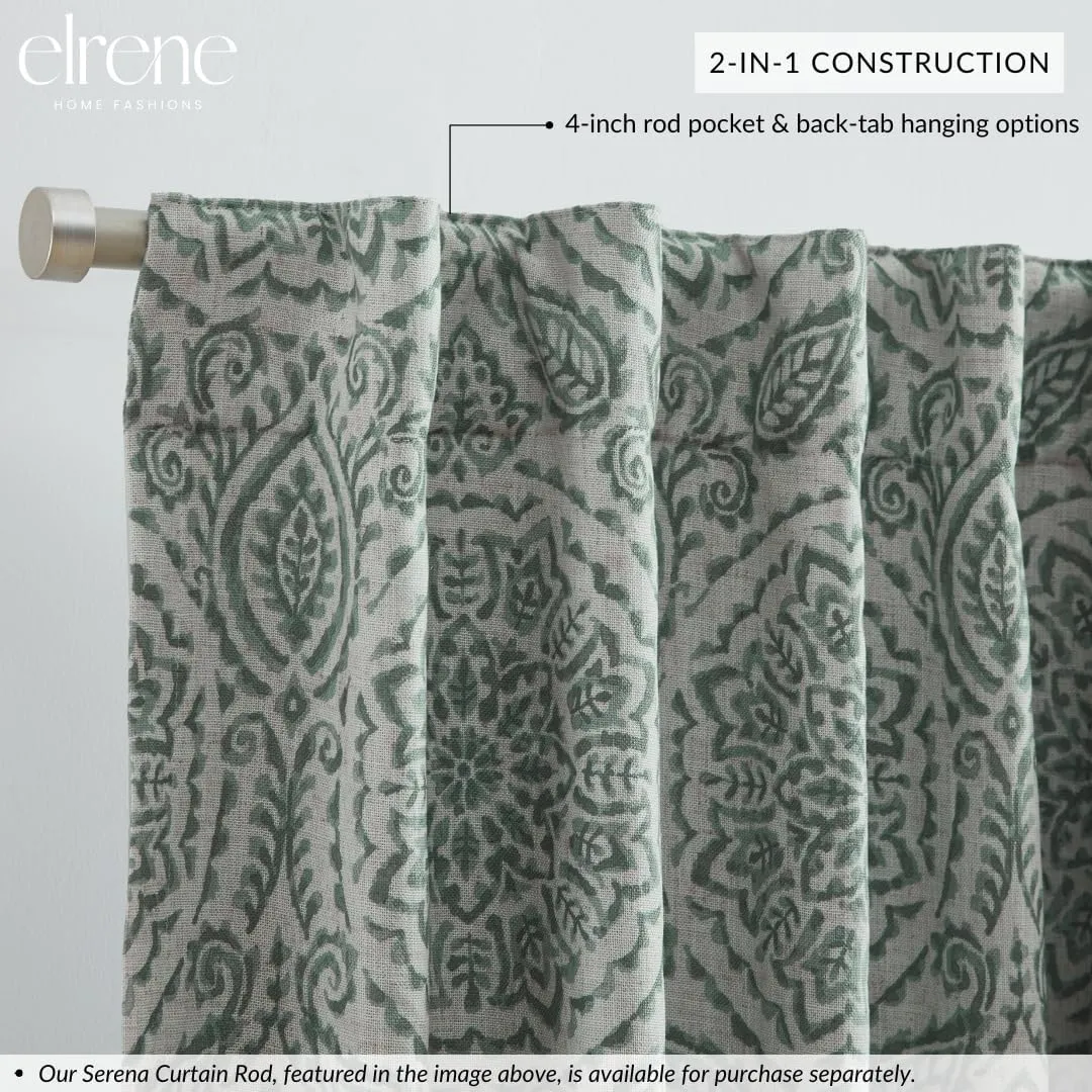 Elrene Home Fashions Giovanni Medallion Block Print Linen Blend Blackout Lined Window Curtain Panel, 52"x84", Sage