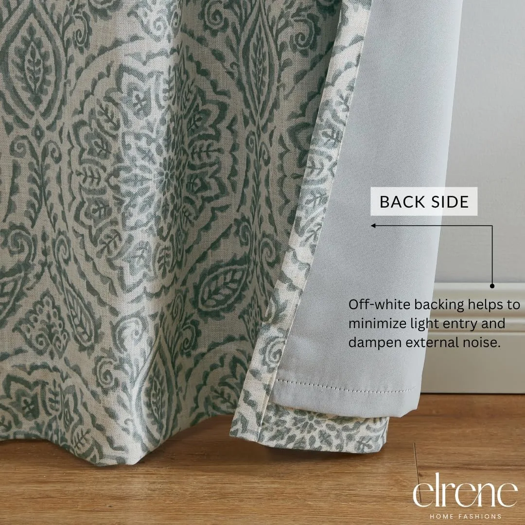 Elrene Home Fashions Giovanni Medallion Block Print Linen Blend Blackout Lined Window Curtain Panel, 52"x84", Sage