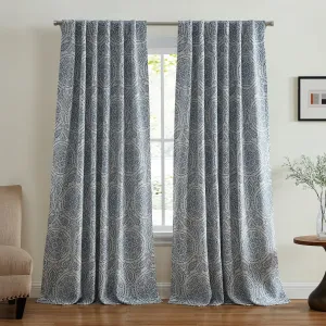 Elrene Home Fashions Giovanni Medallion Block Print Linen Blend Blackout Lined Window Curtain Panel, 52"x95", Blue