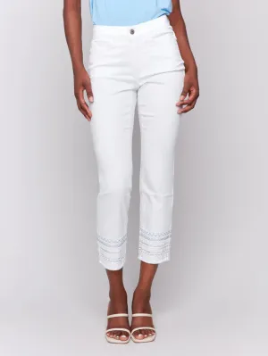 Embroidery trim fringe jeans