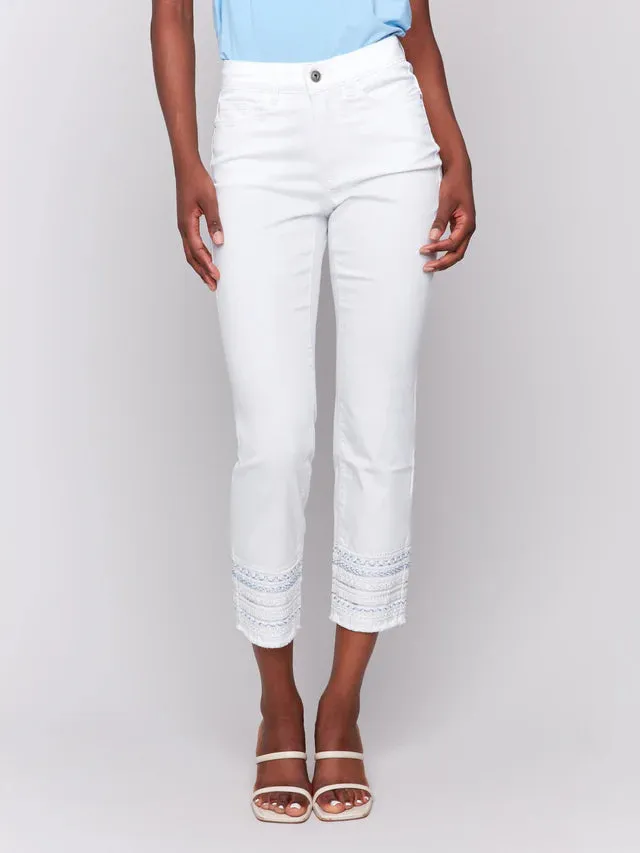 Embroidery trim fringe jeans