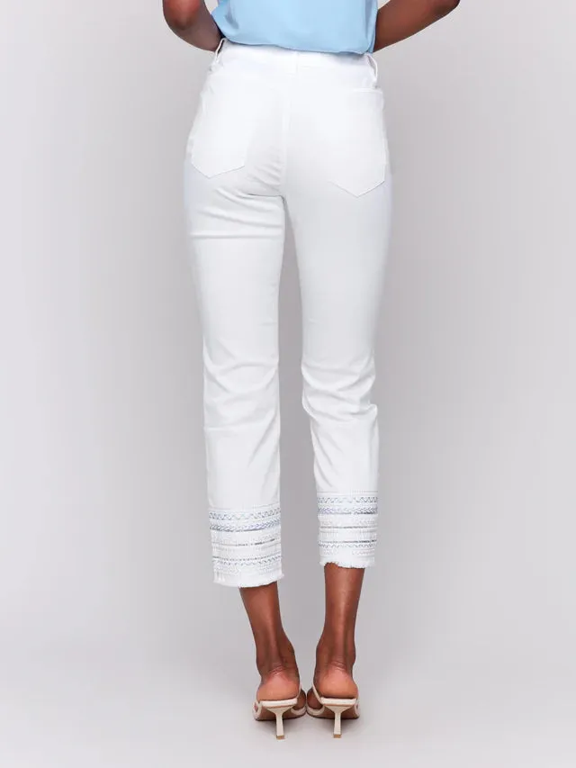Embroidery trim fringe jeans