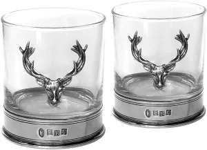 English Pewter Company 11oz Old Fashioned Whisky Rocks Glass Set With Pewter Stag Deer Head and Base [STAG105]