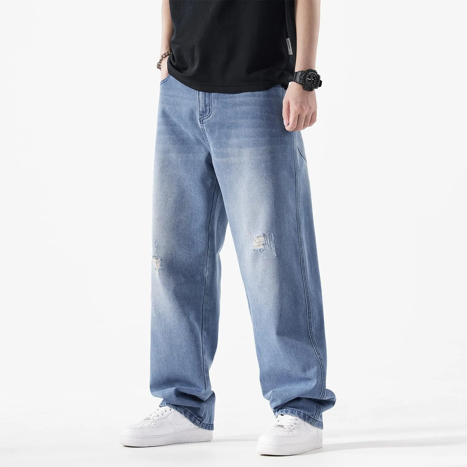 EnllerviiD Men's Baggy Denim Jeans Loose Fit Ripped Distressed Jean Hip Hop Vintage Skater Dance Pants Streetwear