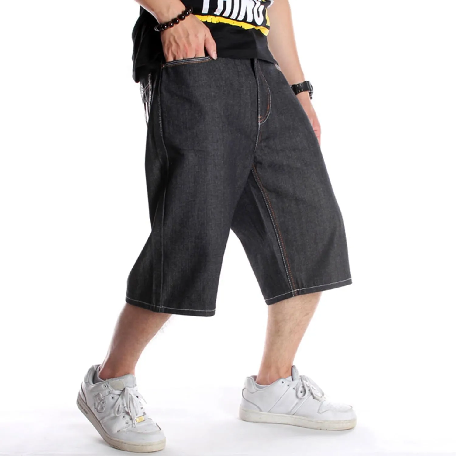EnllerviiD Men's Baggy Jean Shorts Loose Fit Embroidered Denim Shorts Summer Hip Hop Skateboard Dance Shorts