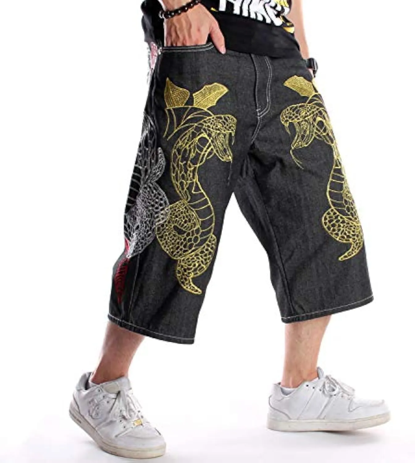 EnllerviiD Men's Baggy Jean Shorts Loose Fit Embroidered Denim Shorts Summer Hip Hop Skateboard Dance Shorts